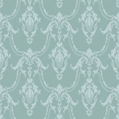 Papel de parede clássico azul esverdeado com padrão ornamental azul claro