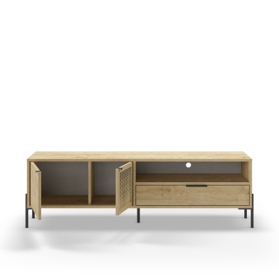 Móvel TV em madeira clara com portas e gavetão