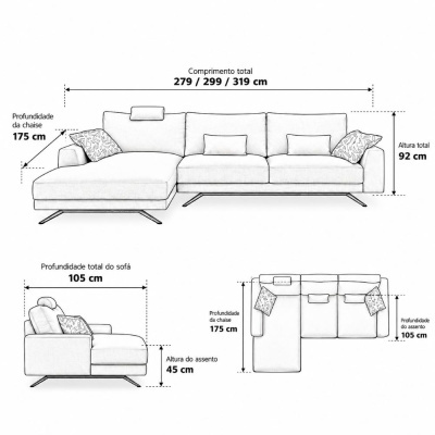 Sofá chaise longue com medidas técnicas em desenho a preto e branco