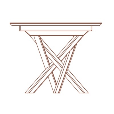 Mesa de madeira com pernas cruzadas em fundo branco