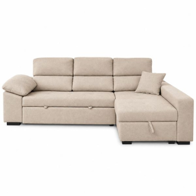 Sofá-cama bege claro com chaise longue, almofada e design moderno.