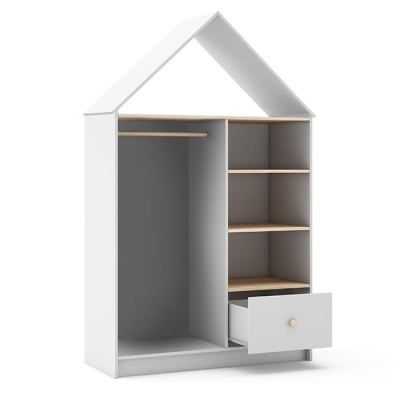 Roupeiro infantil em forma de casa, branco com prateleiras e gaveta
