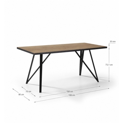 Mesa retangular de madeira e metal com pernas triangulares