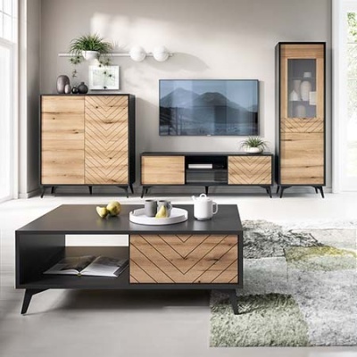 Móveis de sala em madeira e preto com padrão espinha de peixe