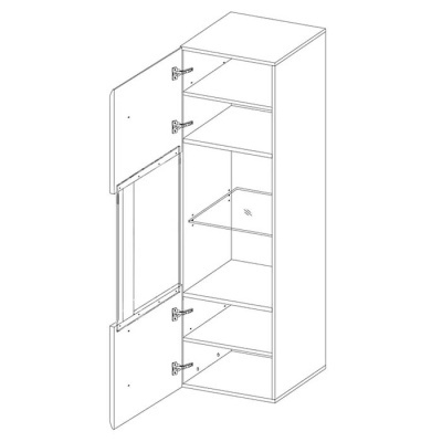 Armário alto branco com três portas, incluindo uma porta de vidro no meio