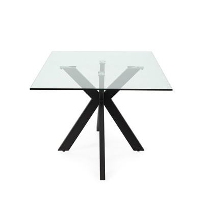 Mesa quadrada com tampo de vidro e base metálica preta