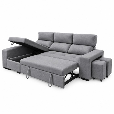 Sofá-cama modular cinzento com assento extensível e arrumação, com dois pufes pequenos