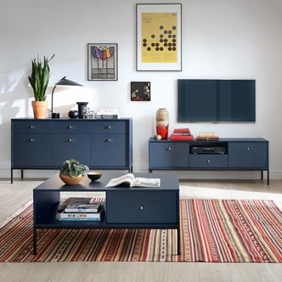 Conjunto de móveis de sala azul escuro com decoração moderna, plantas e quadros