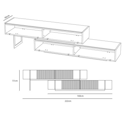 Desenho técnico de móvel de parede com prateleiras e portas com padrão de linhas verticais, com dimensões indicadas.