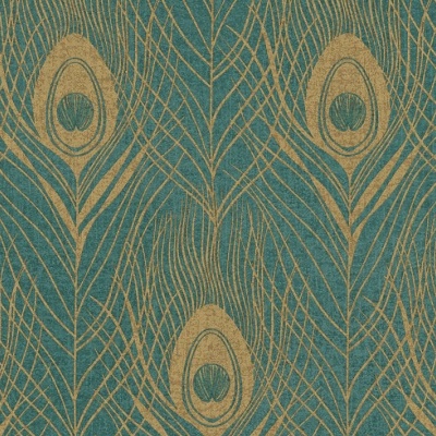 Padrão têxtil com penas de pavão azul esverdeado e dourado