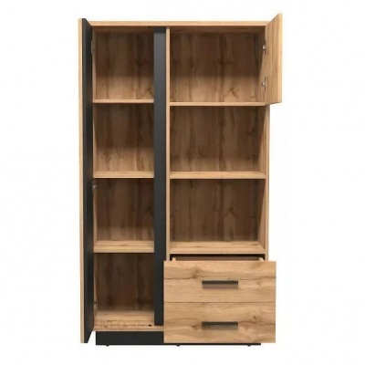 Armário de armazenamento em madeira com prateleiras e gavetas