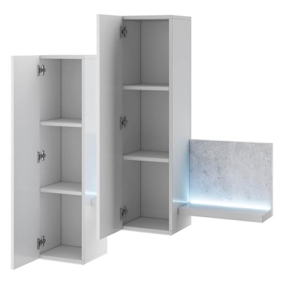 armários de parede brancos modernos com prateleiras internas e prateleira com painel cinzento e LED azul