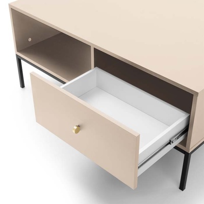 Móvel bege com gaveta aberta e estrutura preta