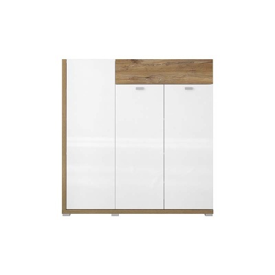 Móvel de arrumação com portas brancas e acabamento em madeira clara