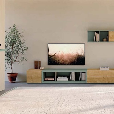 Sala de estar com móvel TV madeira clara e prateleiras verdes