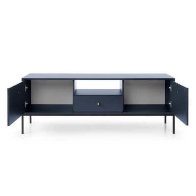 Móvel de apoio para TV azul escuro com portas abertas e gaveta central