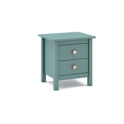 Mesa de cabeceira verde-azulado com dois gavetões e puxadores redondos