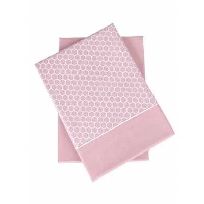Conjunto de roupa de cama rosa claro com padrão hexagonal branco