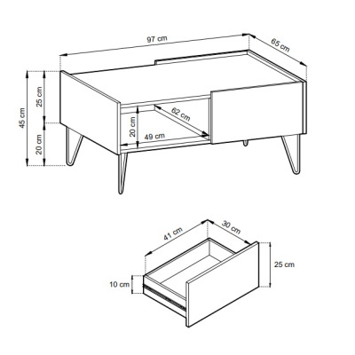 Desenho técnico de mesa de centro com gaveta e medidas em centímetros