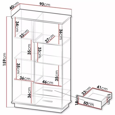 Esquema de estante branca com medidas detalhadas em centímetros