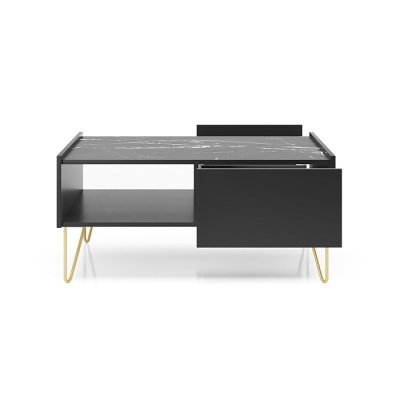 Mesa de centro preta com tampo efeito mármore e pernas douradas