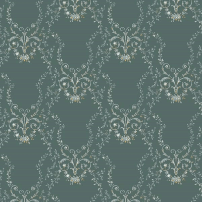 Papel de parede azul esverdeado com padrão floral branco e bege