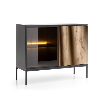 Móvel de arrumação preto com porta de vidro fumado e porta de ripas de madeira