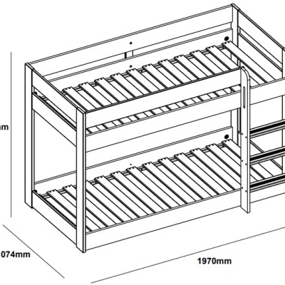 Cama beliche em madeira branca com escada lateral e corrimão protector.