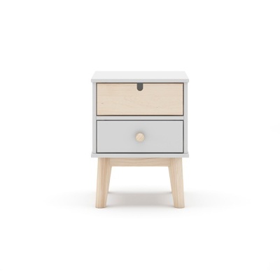 Cômoda pequena de madeira com duas gavetas em cinza e madeira clara