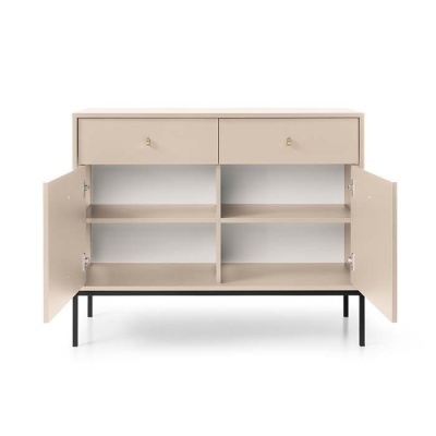 Móvel de arrumação bege claro com gavetas e portas abertas, pernas metálicas pretas.