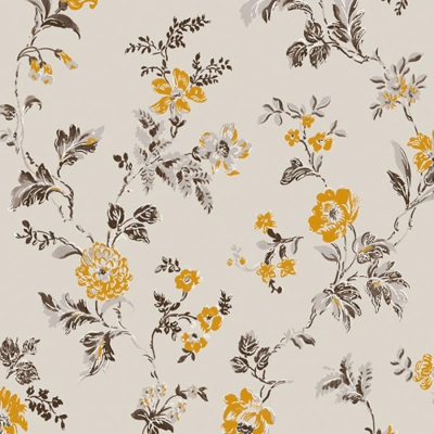 Padrão floral em tecido ou papel de parede bege com flores amarelas e folhas cinza e pretas