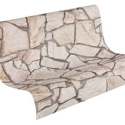 Papel de parede com padrão de pedras irregulares em tons de bege e cinza
