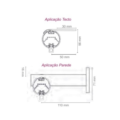 Desenho técnico de suporte de fixação com dimensões e texto Aplicação Tecto e Aplicação Parede