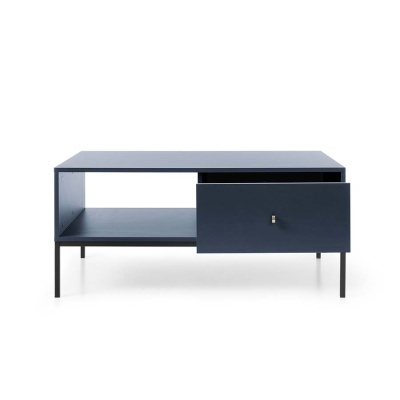 Mesa de centro azul escura com gaveta e compartimento aberto