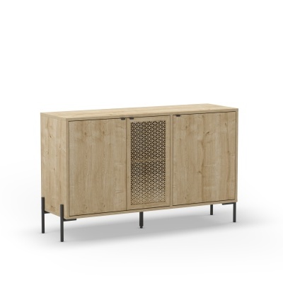 aparador em madeira clara com padrão perfurado e pernas metálicas pretas