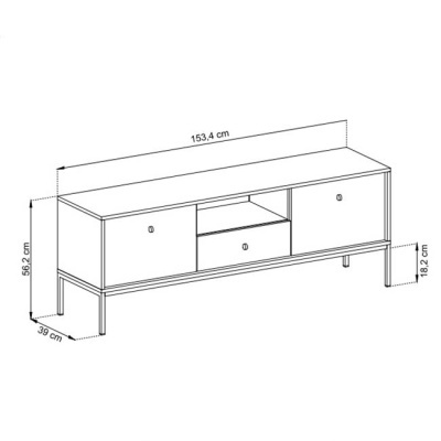 Desenho técnico de móvel de televisão em madeira clara com dimensões indicadas