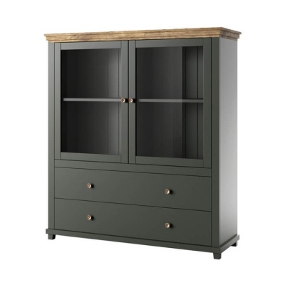 Vitrina cinza escura com tampo de madeira natural e portas de vidro.