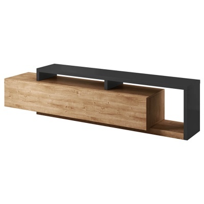 Móvel de televisão em madeira clara com estrutura preta e prateleira aberta