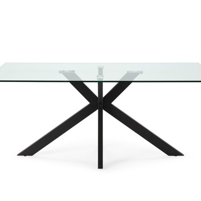 Mesa de centro com tampo em vidro transparente e base metálica preta