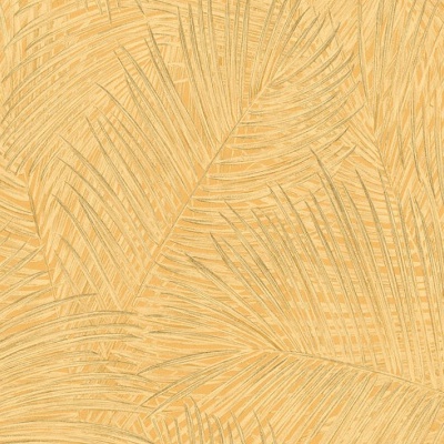 Papel de parede bege com padrão de folhas grandes douradas em relevo.