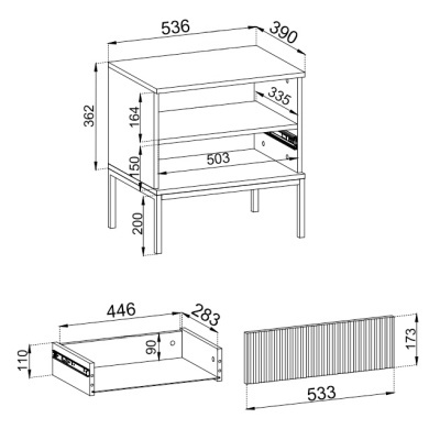 Desenho técnico de móvel com medidas e várias vistas, mostrando gaveta, prateleira e porta ripada.
