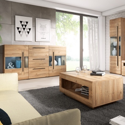 Sala de estar com mobília de madeira clara e decoração minimalista.