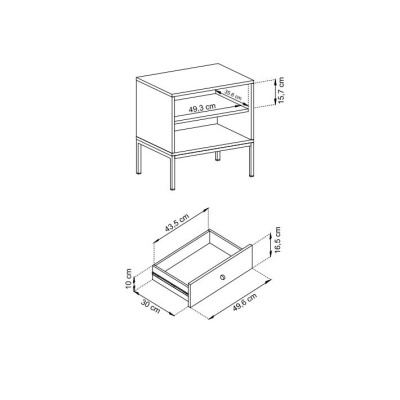 Desenho técnico a preto e branco de um móvel com gaveta e dimensões em centímetros
