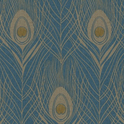 Padrão de penas de pavão em tecido ou papel de parede azul e bege.