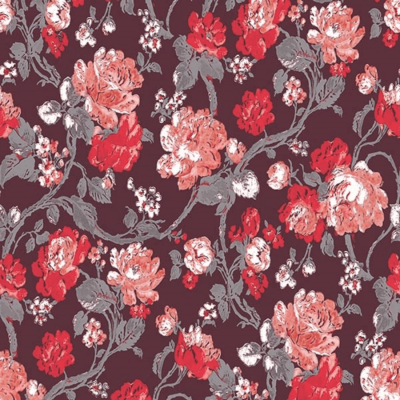 Papel de parede floral em vermelho, rosa e cinza sobre fundo vinho