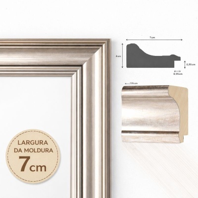 Moldura de madeira prateada de 7 cm com medidas detalhadas