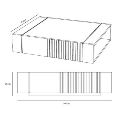 Mesa retangular branca com secção central riscada em linhas verticais e medidas indicadas
