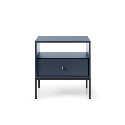 Mesa de apoio azul escuro com gaveta e prateleira aberta