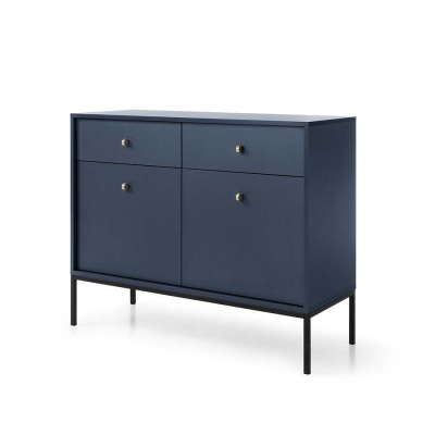 Aparador azul escuro com gavetas e armários em estrutura de metal preta