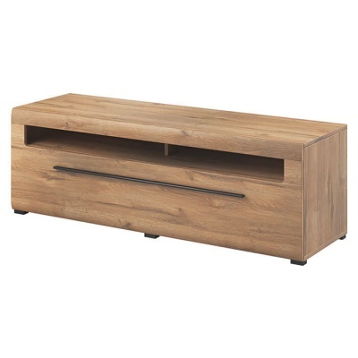 Móvel para televisão em madeira carvalho claro com gaveta e prateleira aberta